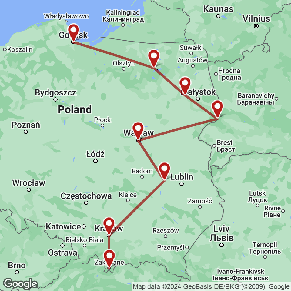 Route for Gdansk, Mikolajki, Kiermusy, Bialowieza, Warsaw, Kazimierz Dolny, Krakow, Zakopane tour
